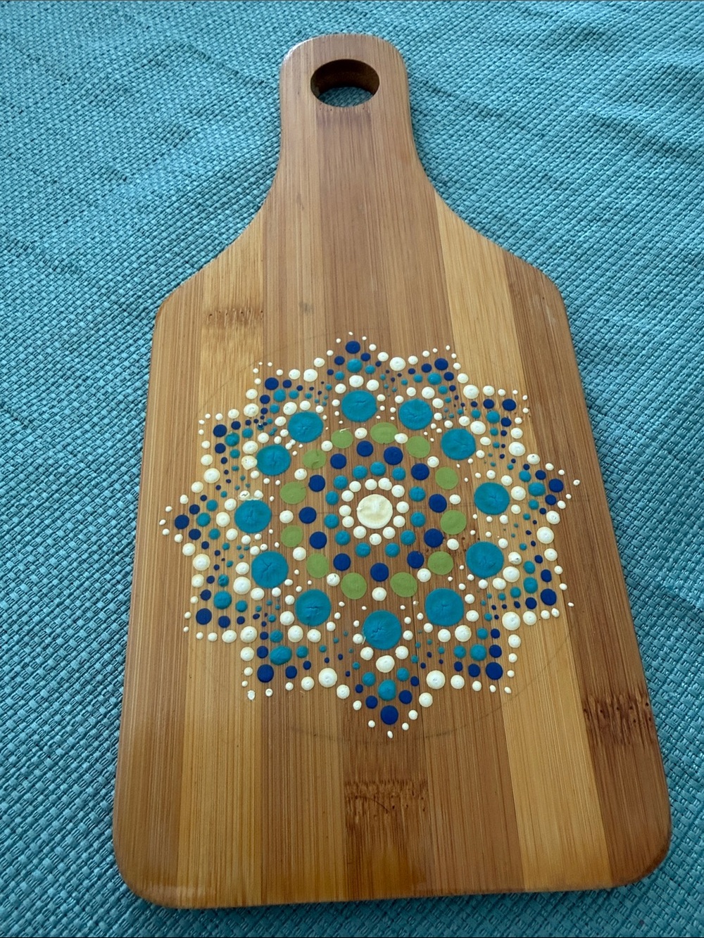 Hand-Painted Turquoise and Blue Mandala Bamboo Wall Art by